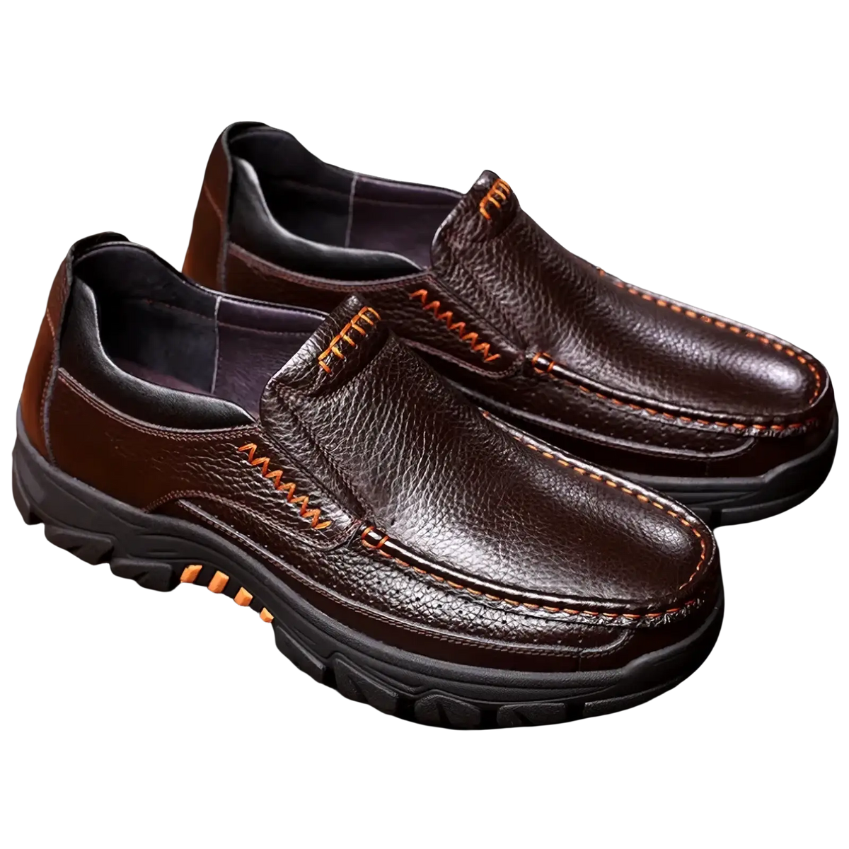 Men leather casual slip-on loafers in brown with orange stitching and rugged black rubber sole for everyday wear