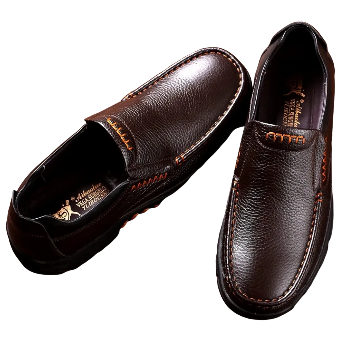 Men leather casual slip-on loafers in brown leather with contrasting orange stitching and embossed logo on the vamp