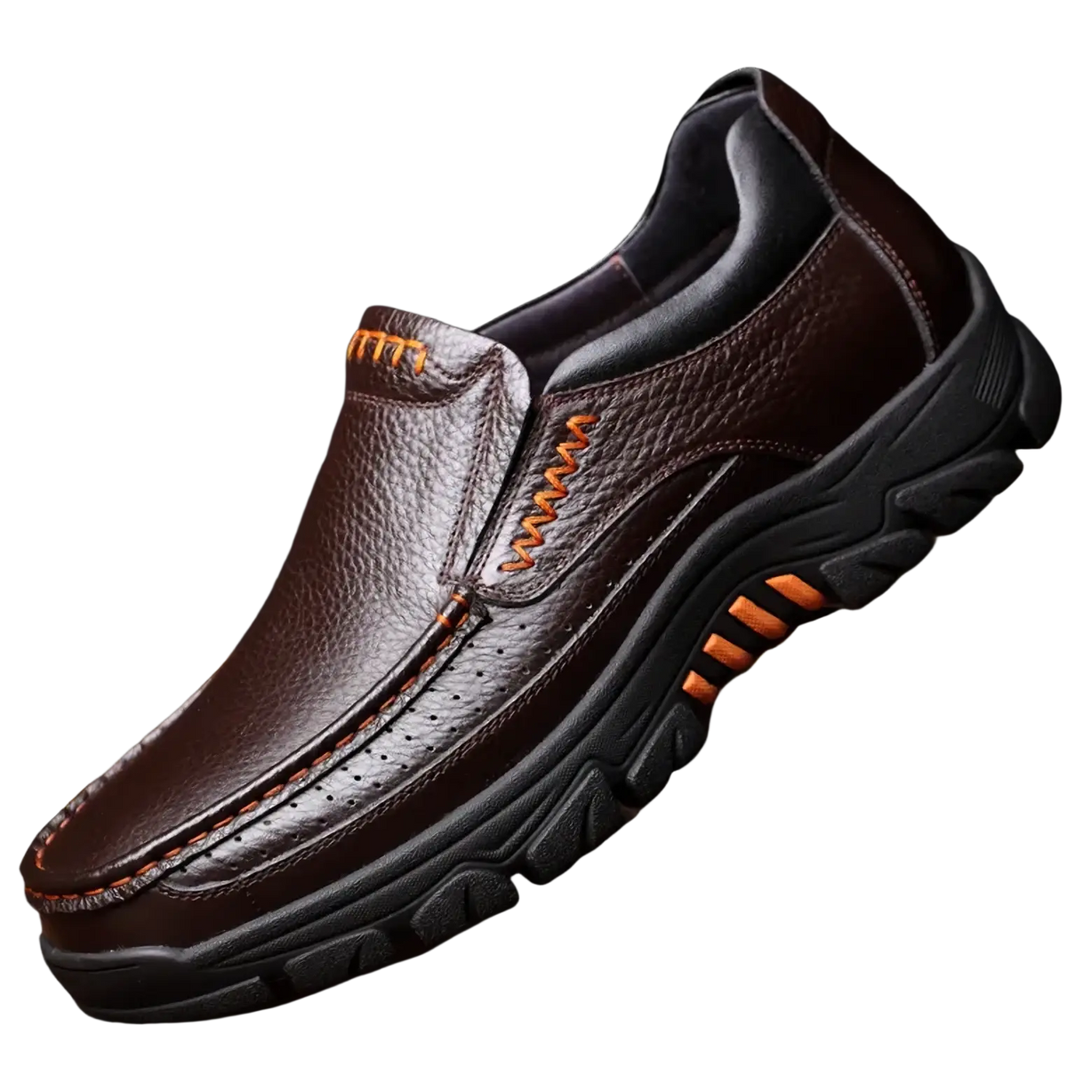 Men leather casual slip-on loafers in brown with black rubber sole and orange stitching accents