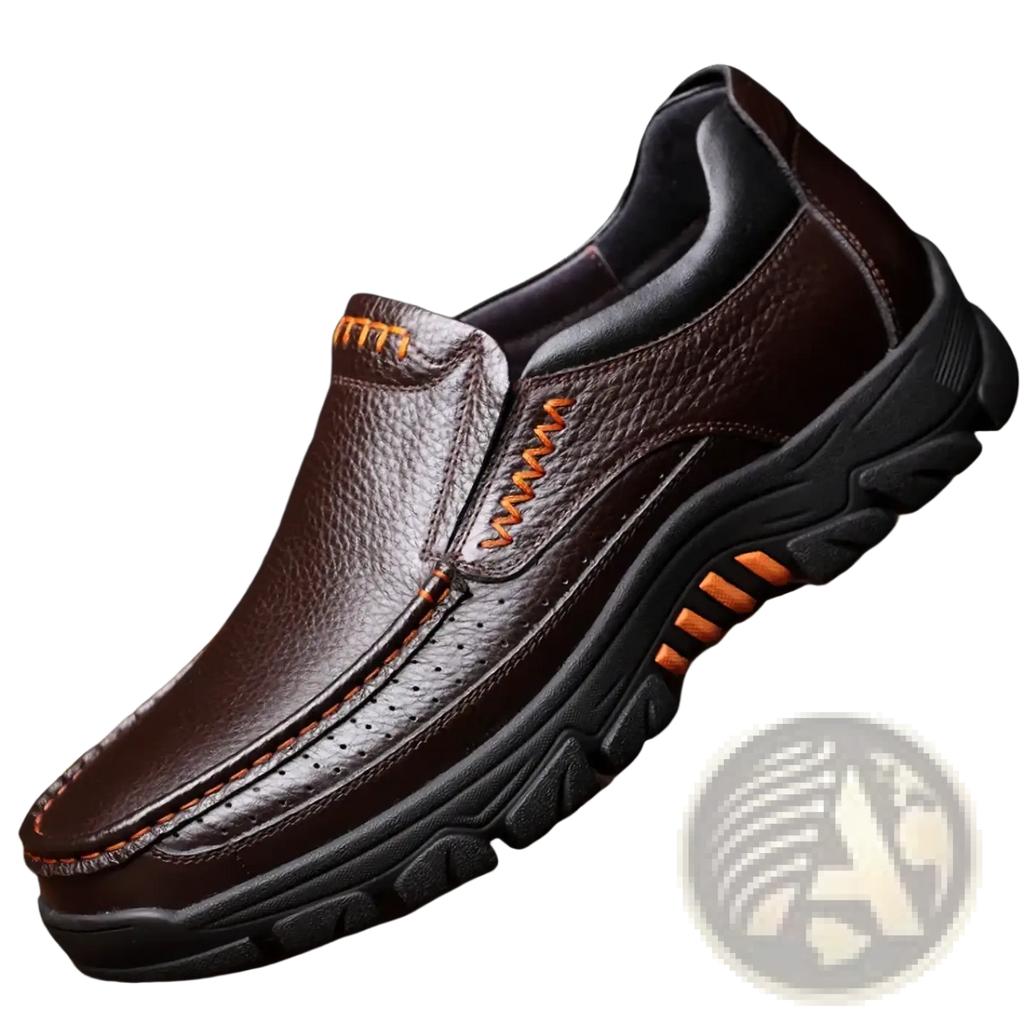 Men leather casual slip-on loafers in brown with black rubber sole and orange stitching accents