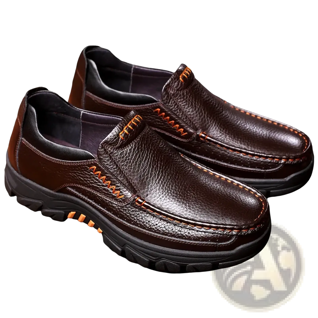 Men leather casual slip-on loafers in brown with orange stitching and rugged black rubber sole for everyday wear