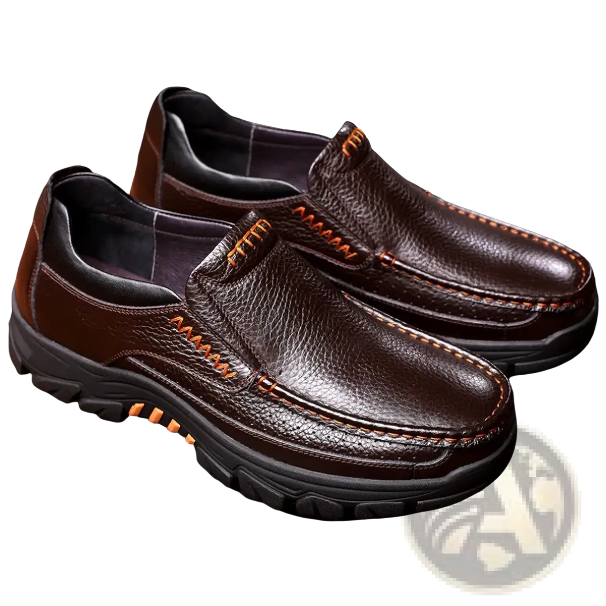 Men leather casual slip-on loafers in brown with orange stitching and rugged black rubber sole for everyday wear