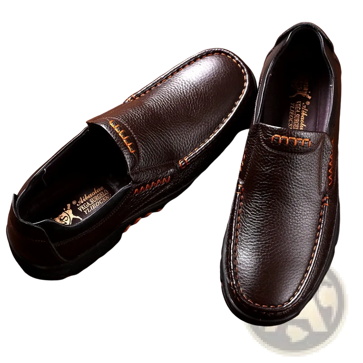 Men leather casual slip-on loafers in brown leather with contrasting orange stitching and embossed logo on the vamp
