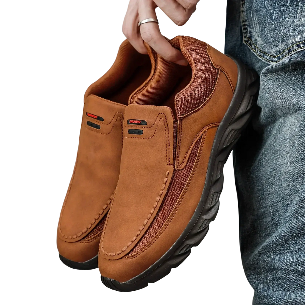Men leather casual slip-on shoes in brown suede with mesh panels and black rubber soles for everyday wear