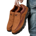 Men leather casual slip-on shoes in brown suede with mesh panels and black rubber soles for everyday wear
