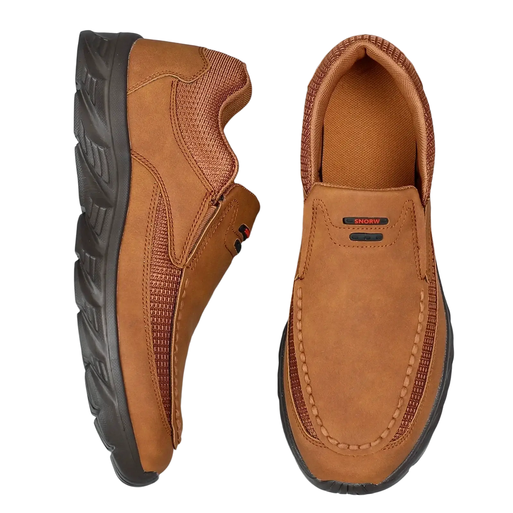 Men leather casual slip-on shoes in brown suede with mesh panels and black rubber soles for comfortable wear