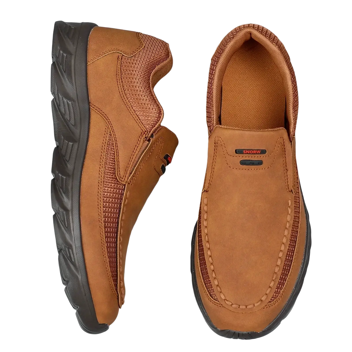 Men leather casual slip-on shoes in brown suede with mesh panels and black rubber soles for comfortable wear