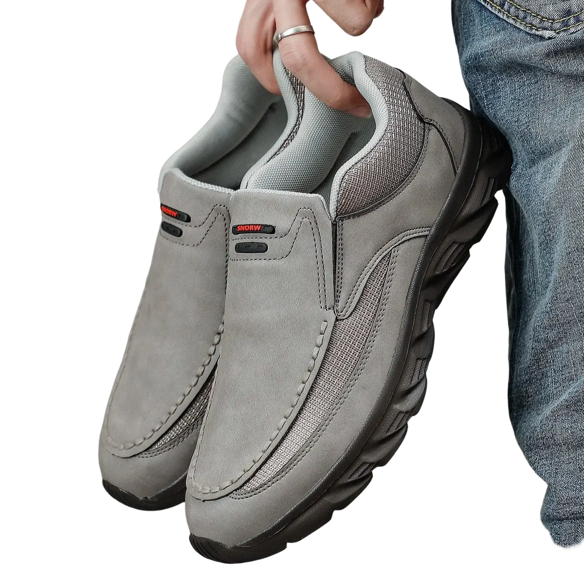 Men leather casual slip-on shoes in gray suede with mesh panels black rubber soles and snow logo on the side