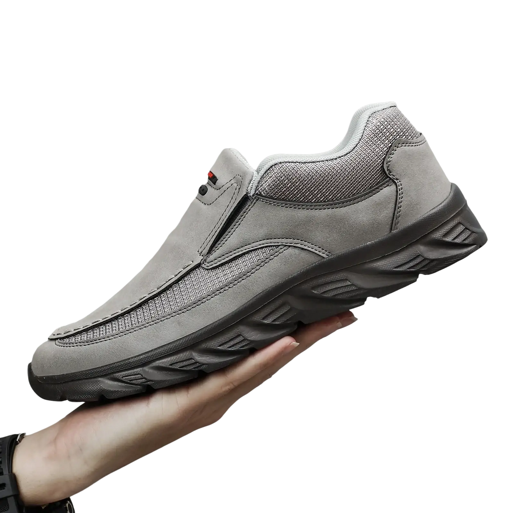 Men leather casual slip-on shoe in gray suede and mesh with a black rubber sole for everyday wear