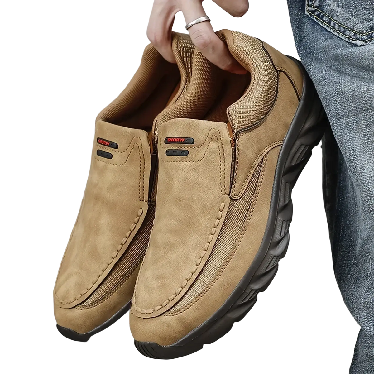 Men leather casual slip-on shoes in tan suede with black rubber soles and mesh side panels featuring Skorry logo