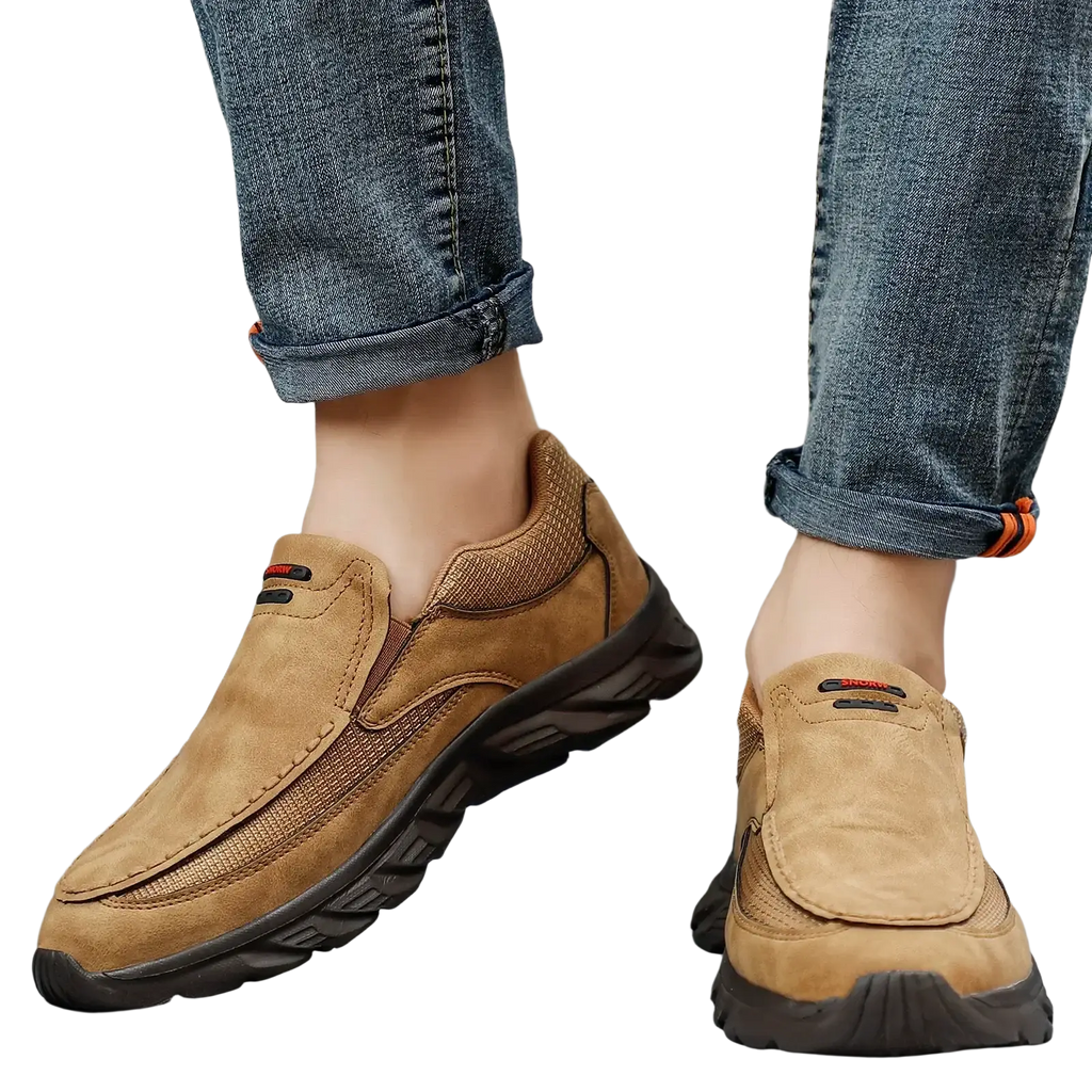 Men leather casual slip-on shoes in tan suede with mesh panels and a black rubber sole for everyday wear