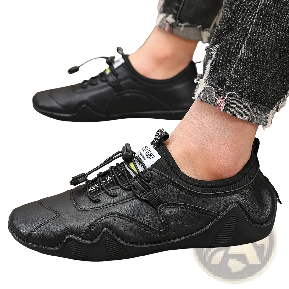 Men leather casual sneakers luxury fashion loafers in black with wavy textured sole and green accent on laces