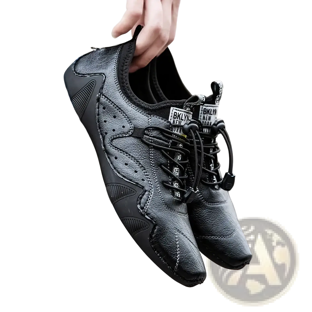 Men leather casual sneakers in black with perforated detailing and bklyn new york label on the tongue
