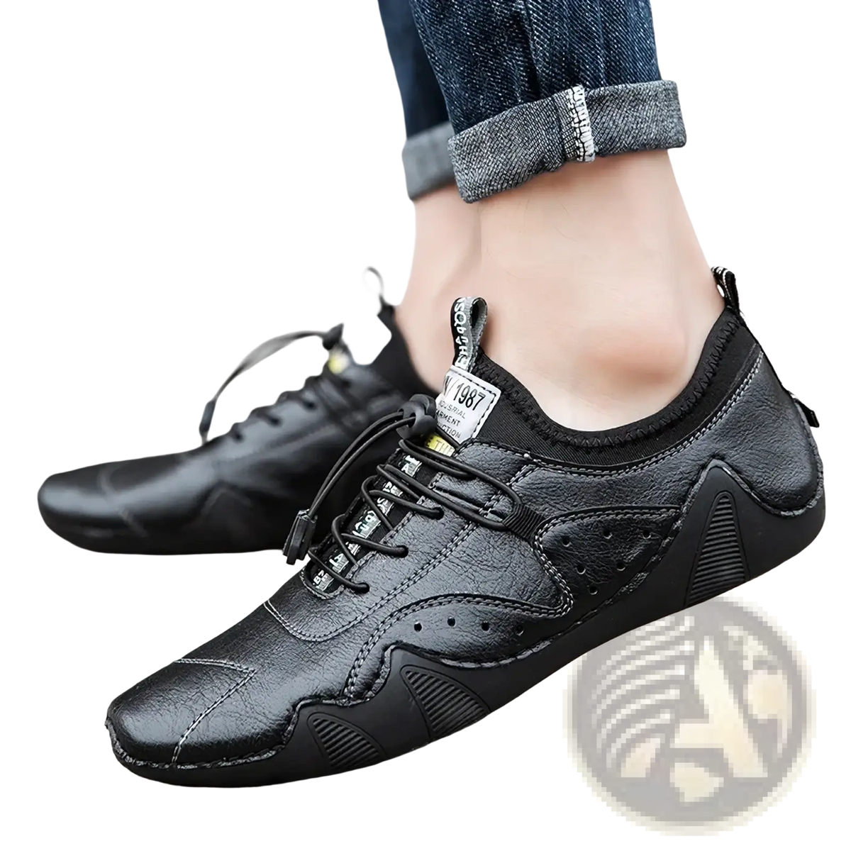 Black leather men casual sneakers with sleek modern design and subtle textured patterns for luxury fashion loafers