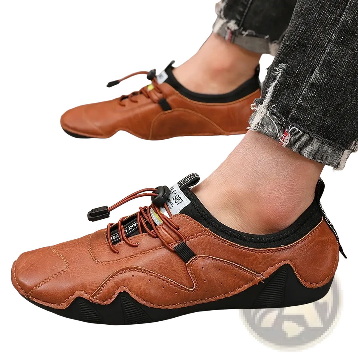 Men leather casual sneakers luxury fashion loafers in brown leather with black accents and textured rubber sole