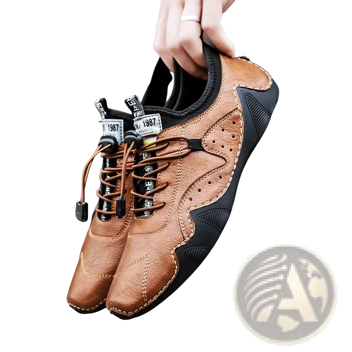 Men leather casual sneakers luxury fashion loafers in brown leather and black rubber with perforated detailing and 1987 label