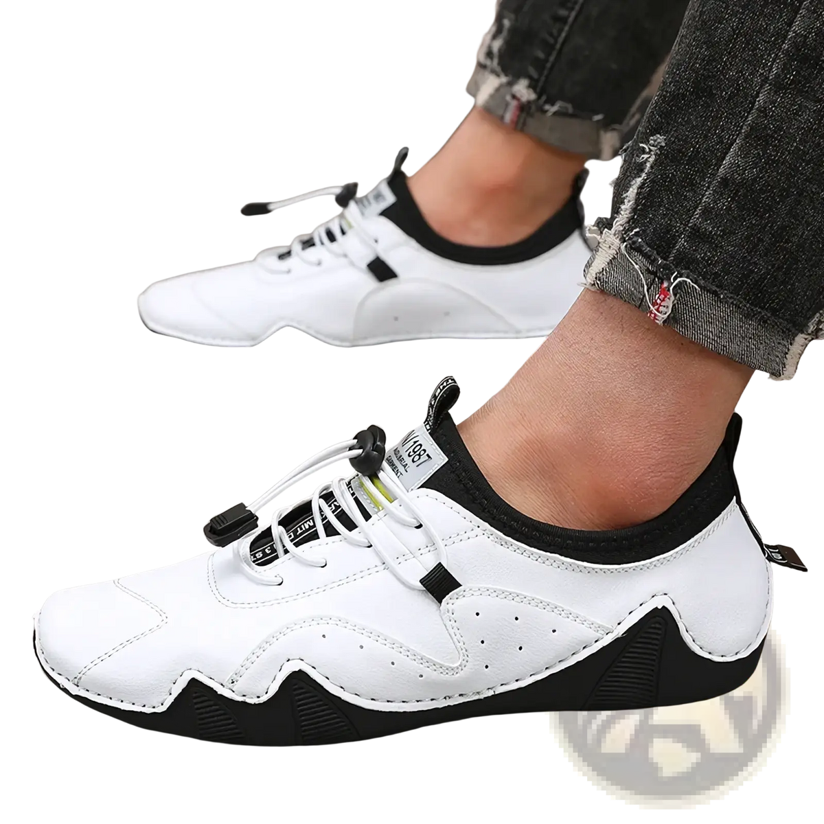Men leather casual sneakers luxury fashion loafers in white and black with perforated detailing and a modern design