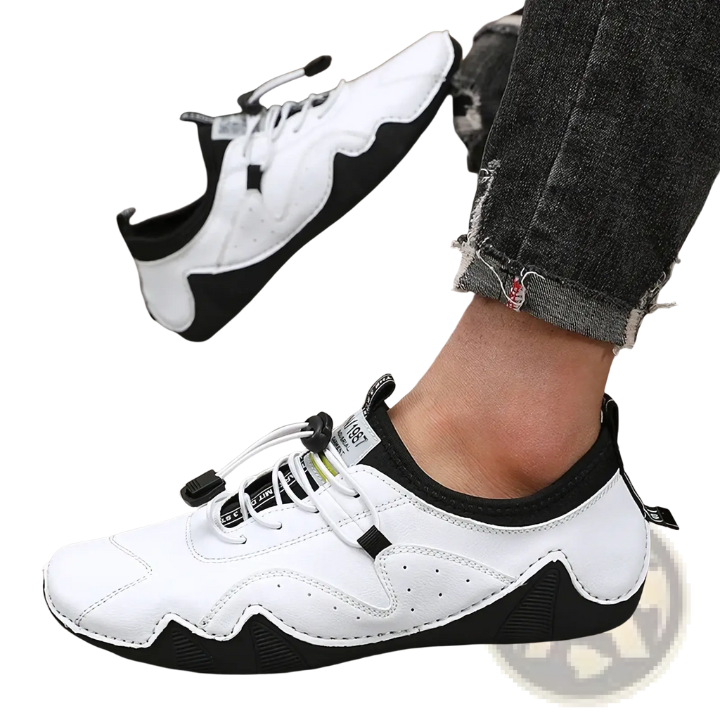 Men leather casual sneakers luxury fashion loafers in white and black with wavy design perforated upper and adjustable laces