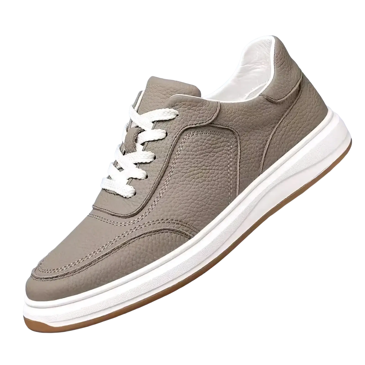 Men leather casual sneakers slip on shoes in beige textured leather with white laces and contrasting white rubber sole