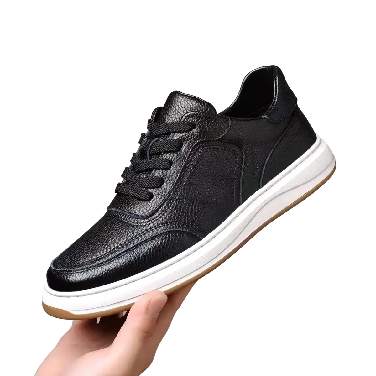 Men leather casual sneakers slip on shoes in black with textured upper, white rubber sole and tan outsole