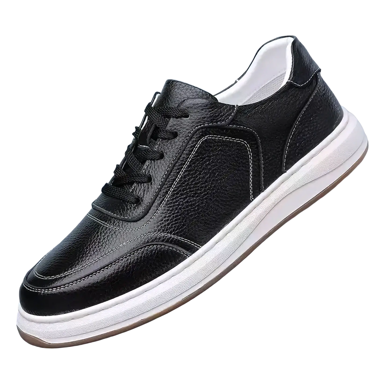 Men leather casual sneakers slip on shoes in black with white rubber sole and contrasting stitching
