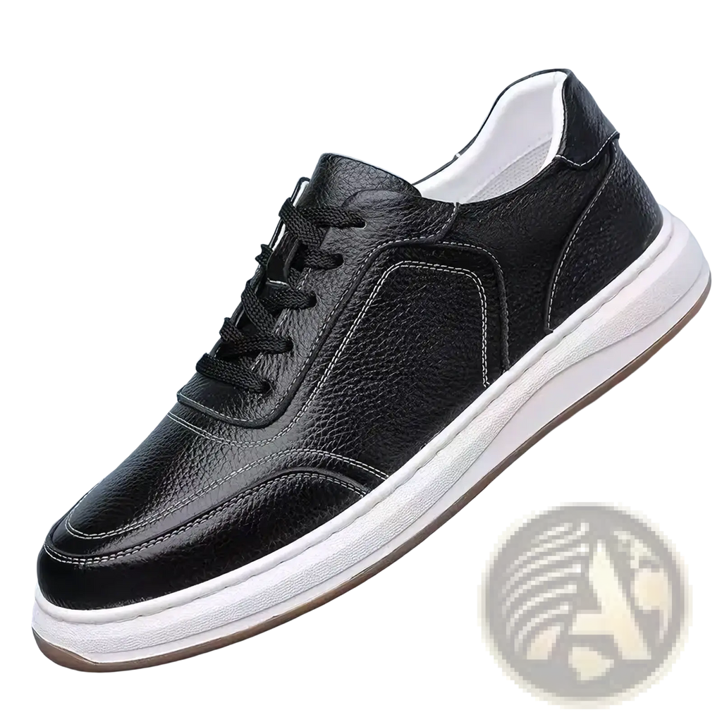 Men leather casual sneakers slip on shoes in black with white rubber sole and contrasting stitching
