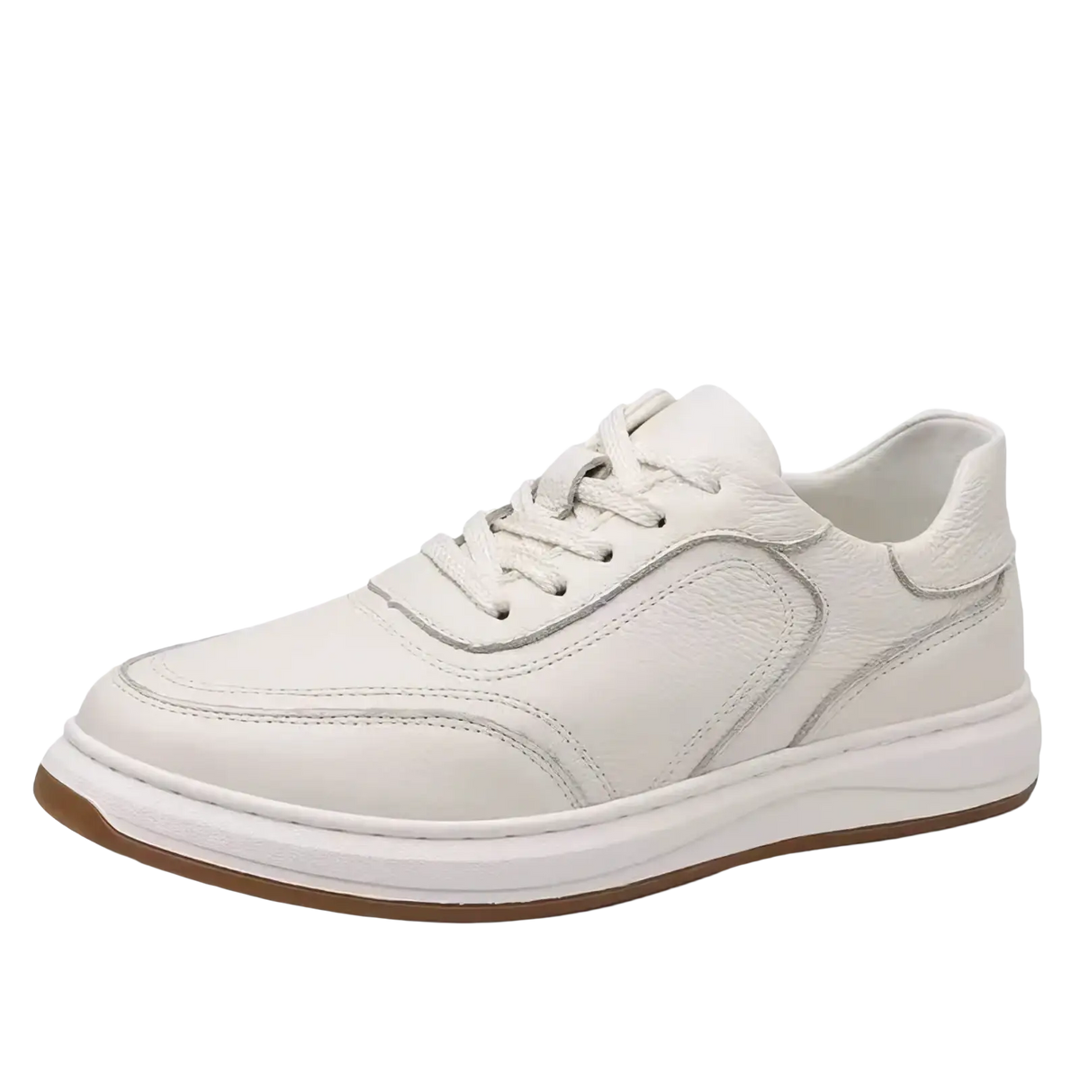 Men leather casual sneakers slip on shoes in white leather with a minimalist design and tan rubber sole