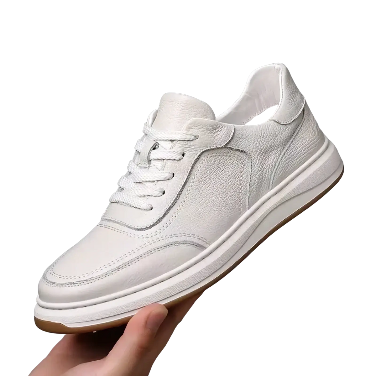 Men leather casual sneakers slip on shoes in white leather with a clean minimalist design and subtle stitching details