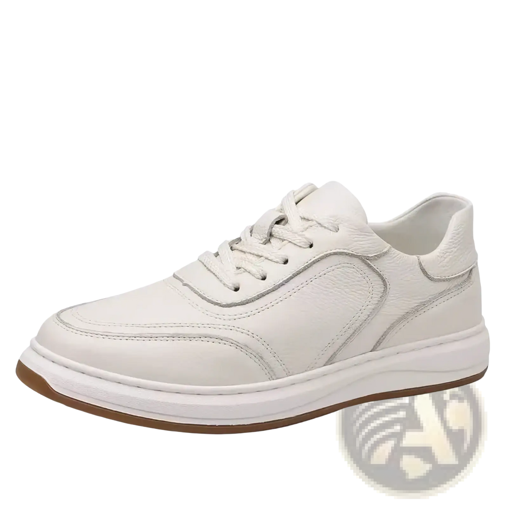 Men leather casual sneakers slip on shoes in white leather with a minimalist design and tan rubber sole