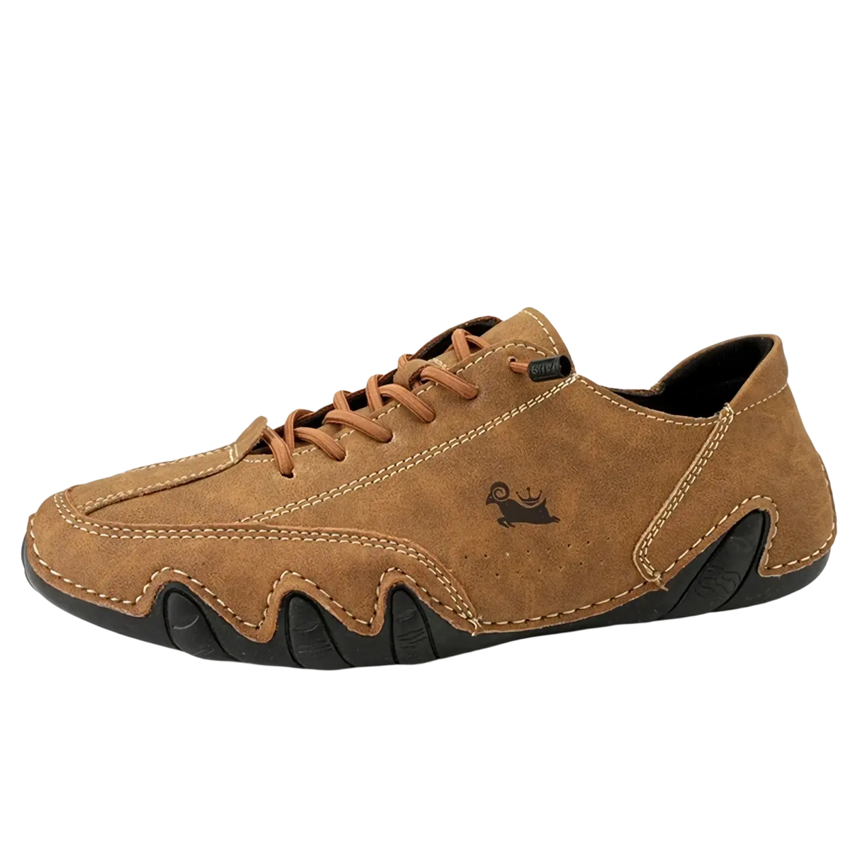 Brown suede men leather casual sneakers with black rubber sole and stitched design for waterproof use