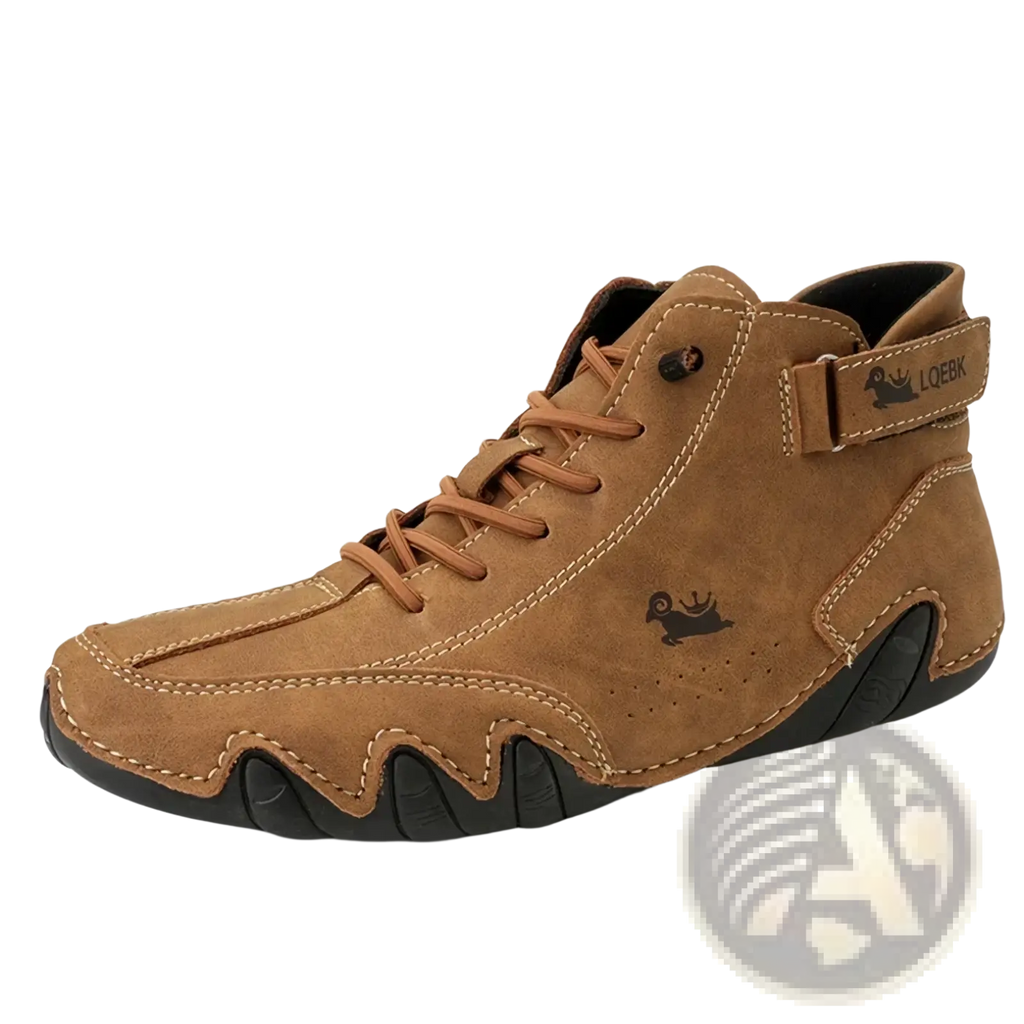 Men leather casual sneakers waterproof boots in tan suede with black rubber sole and stitched design with logo on side