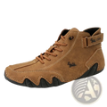 Men leather casual sneakers waterproof boots in tan suede with black rubber sole and stitched design with logo on side