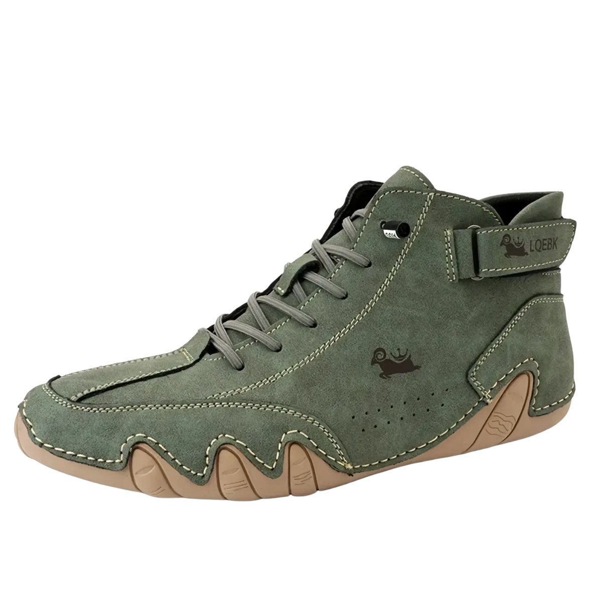 Men leather casual sneaker in olive green suede with tan rubber sole and white stitching waterproof boots