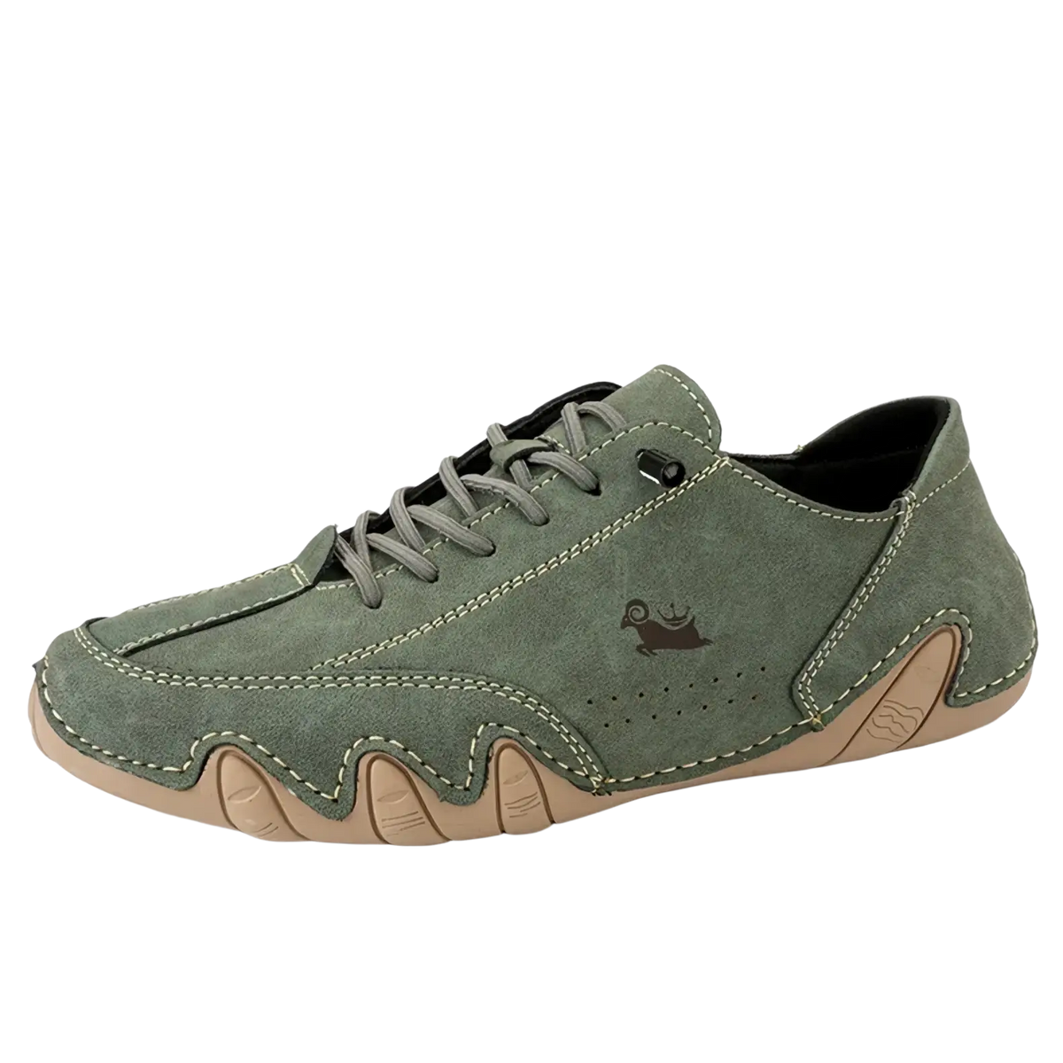 Men leather casual olive green suede sneakers with tan rubber sole and white stitching for everyday wear