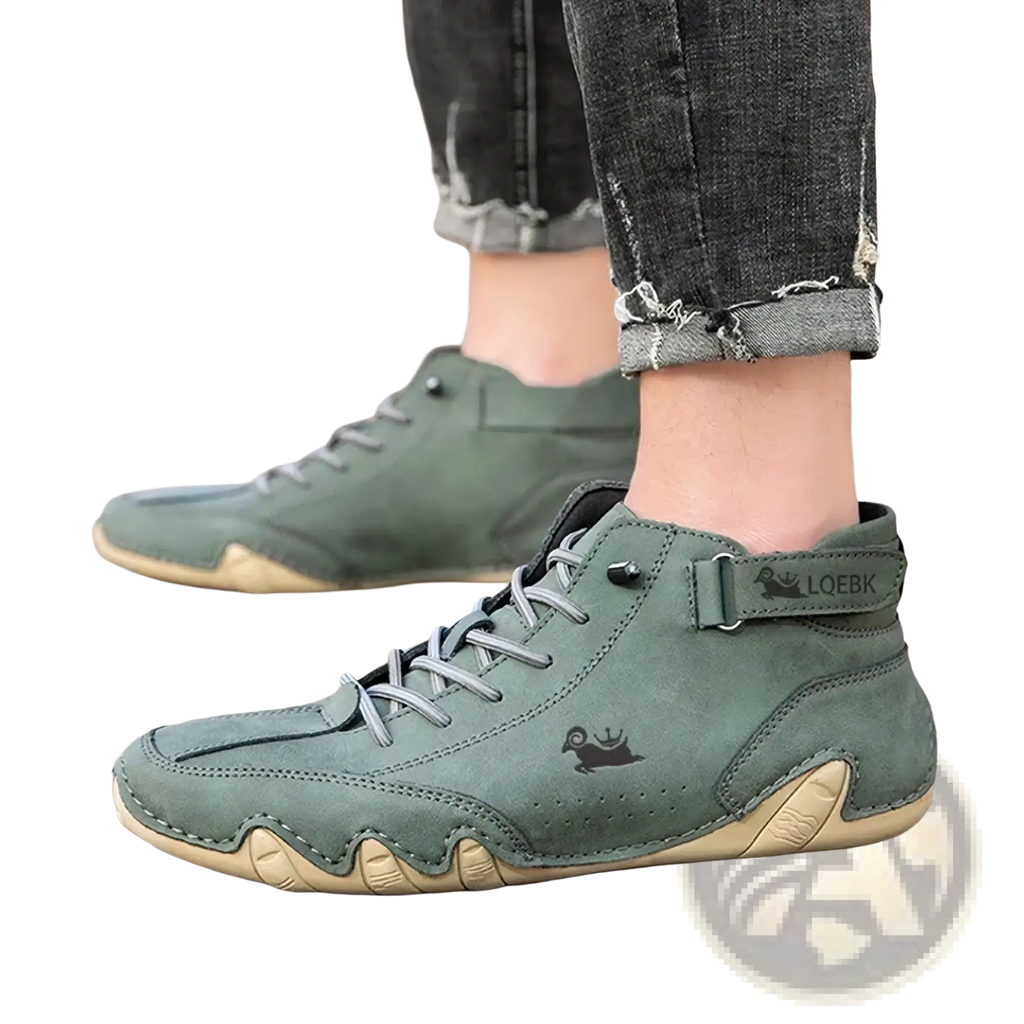 Men leather casual sneakers waterproof boots in olive green suede with gray laces and beige rubber sole featuring bird logo