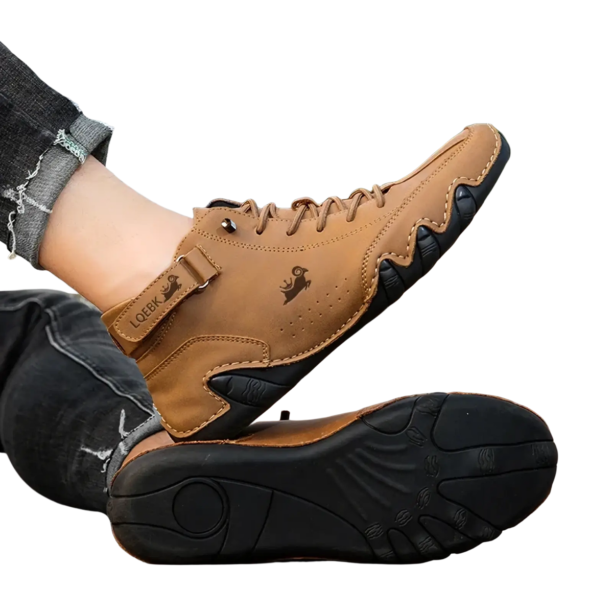 Tan and black leather lace-up men leather casual sneakers waterproof boots with stitched design and loebk branding on side strap