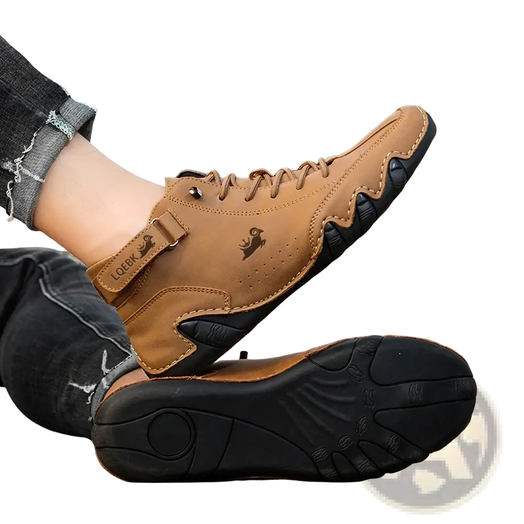 Tan and black leather lace-up men leather casual sneakers waterproof boots with stitched design and loebk branding on side strap