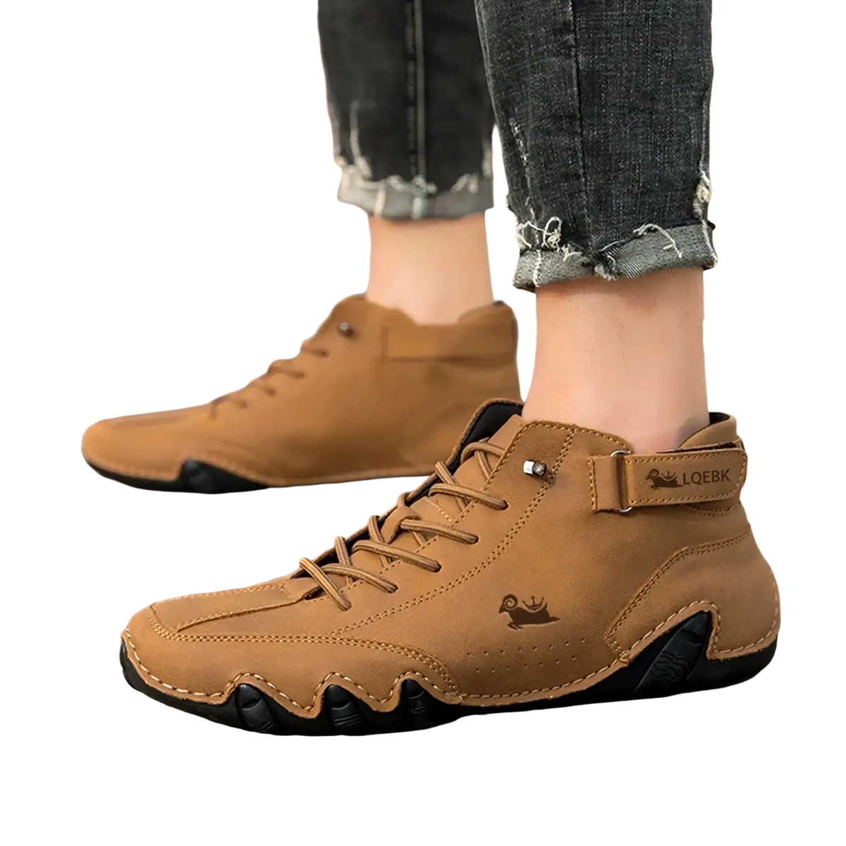 Men leather casual sneakers waterproof boots in tan leather with black rubber soles and a small snail logo on the side