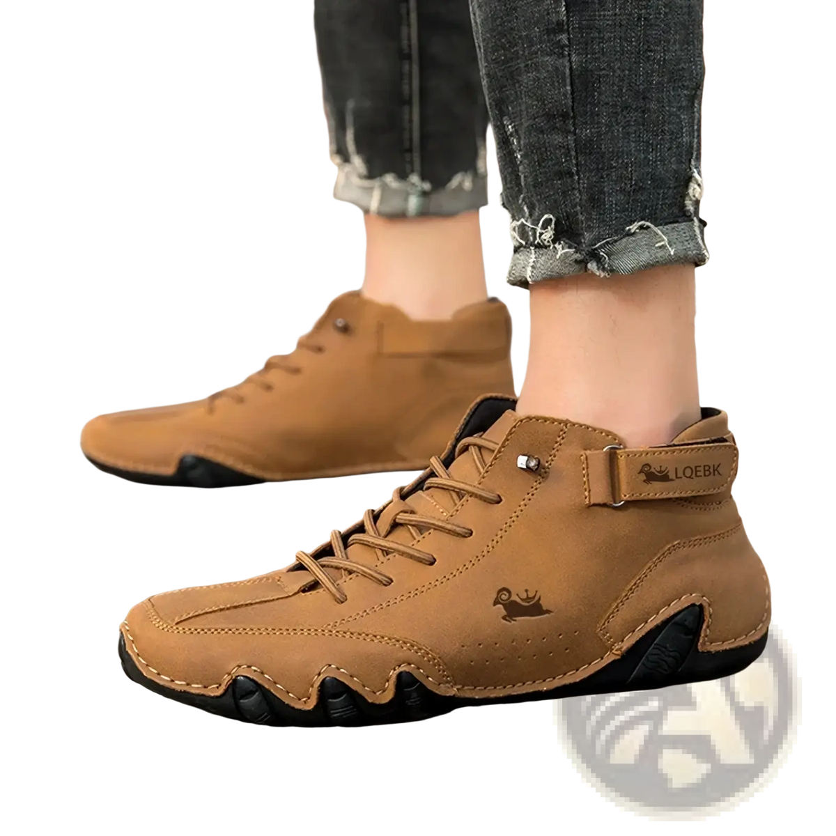 Men leather casual sneakers waterproof boots in tan leather with black rubber soles and a small snail logo on the side