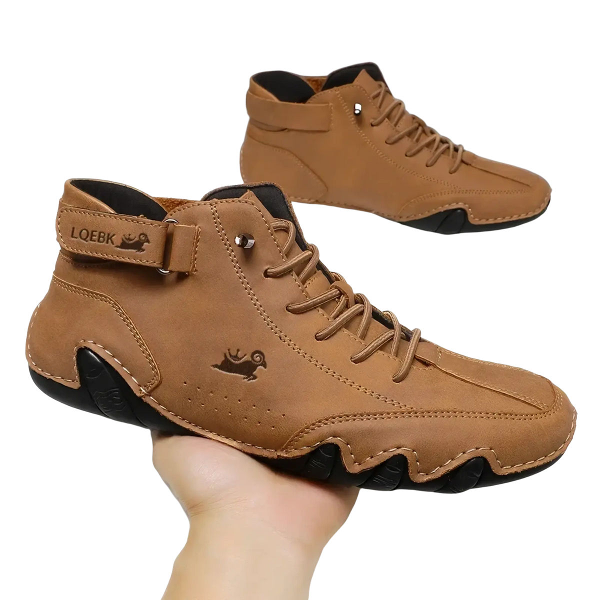 Men leather casual sneakers waterproof boots in tan suede with black rubber soles and embroidered side logo