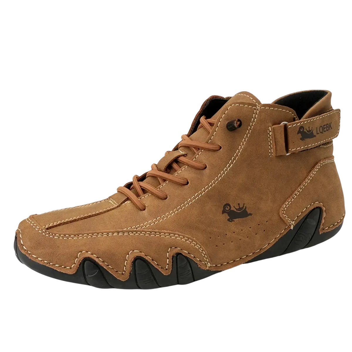 Men leather casual sneakers waterproof boots in tan suede with black rubber sole and stitched design with logo on side