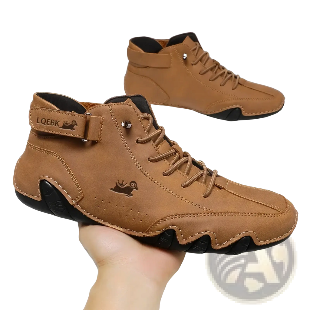 Men leather casual sneakers waterproof boots in tan suede with black rubber soles and embroidered side logo