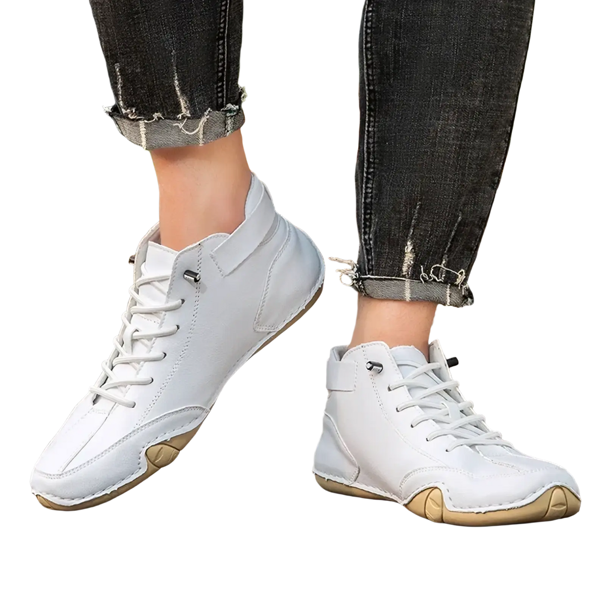 Men leather casual waterproof boots in white leather with light beige soles and white laces high-top design