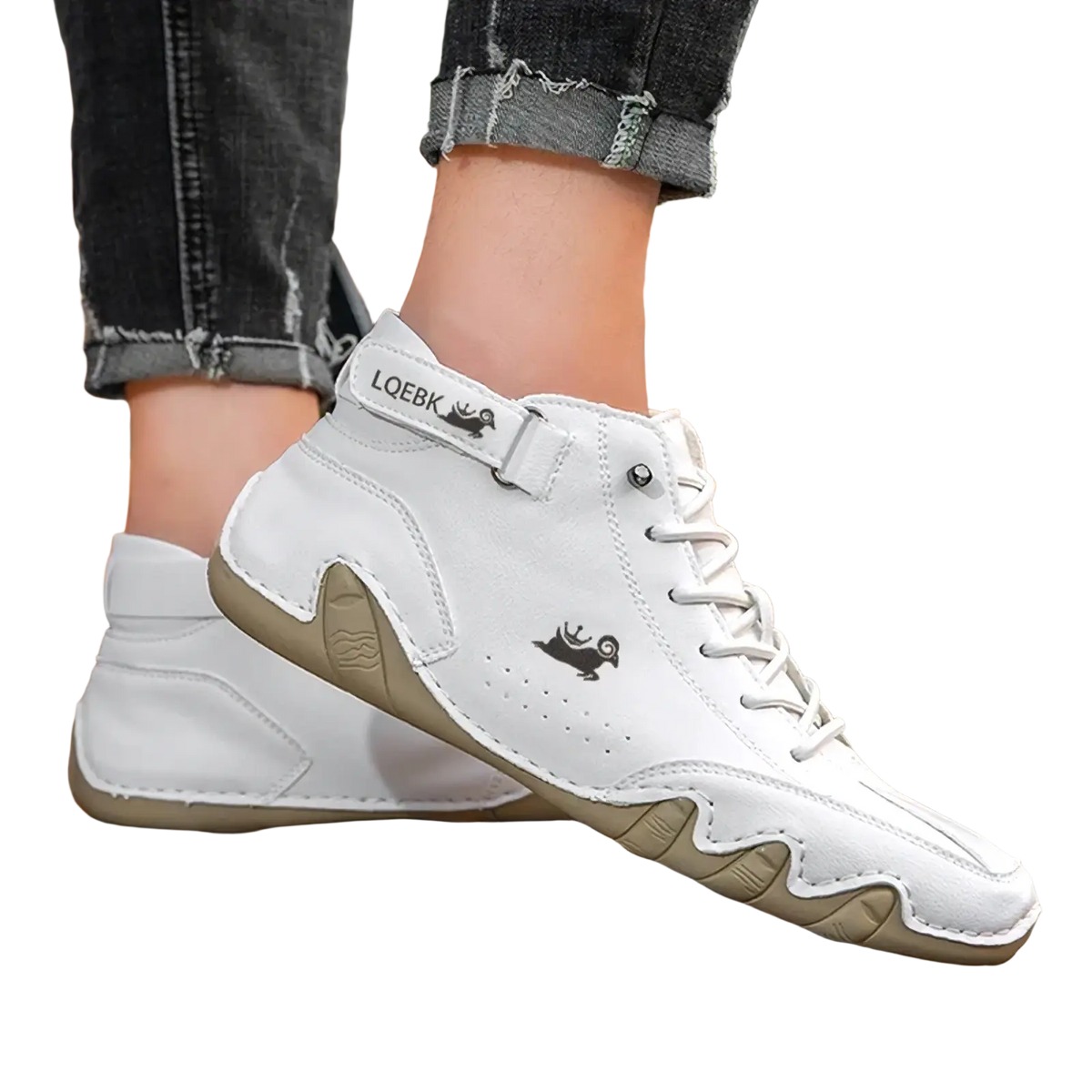 Men leather casual sneakers waterproof boots in white leather with beige soles and black logo accents high-top design