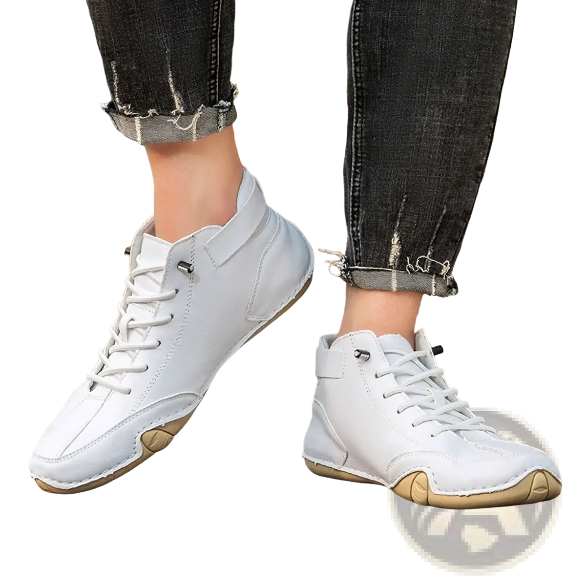 Men leather casual waterproof boots in white leather with light beige soles and white laces high-top design