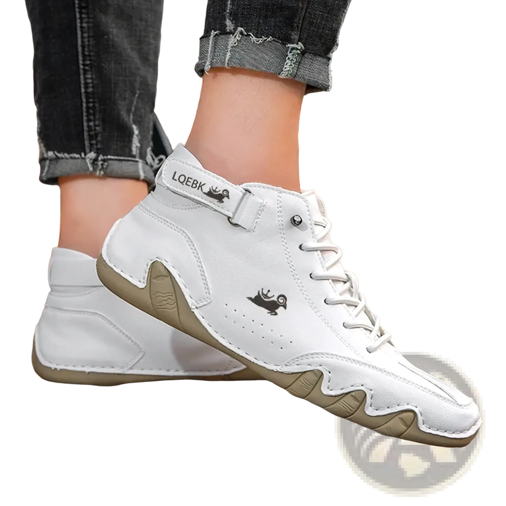 Men leather casual sneakers waterproof boots in white leather with beige soles and black logo accents high-top design