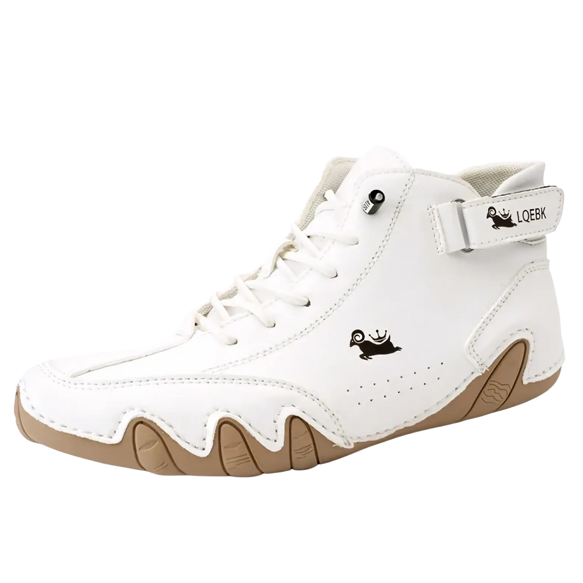 White men leather casual sneaker with tan rubber sole and black embroidered logo for waterproof use