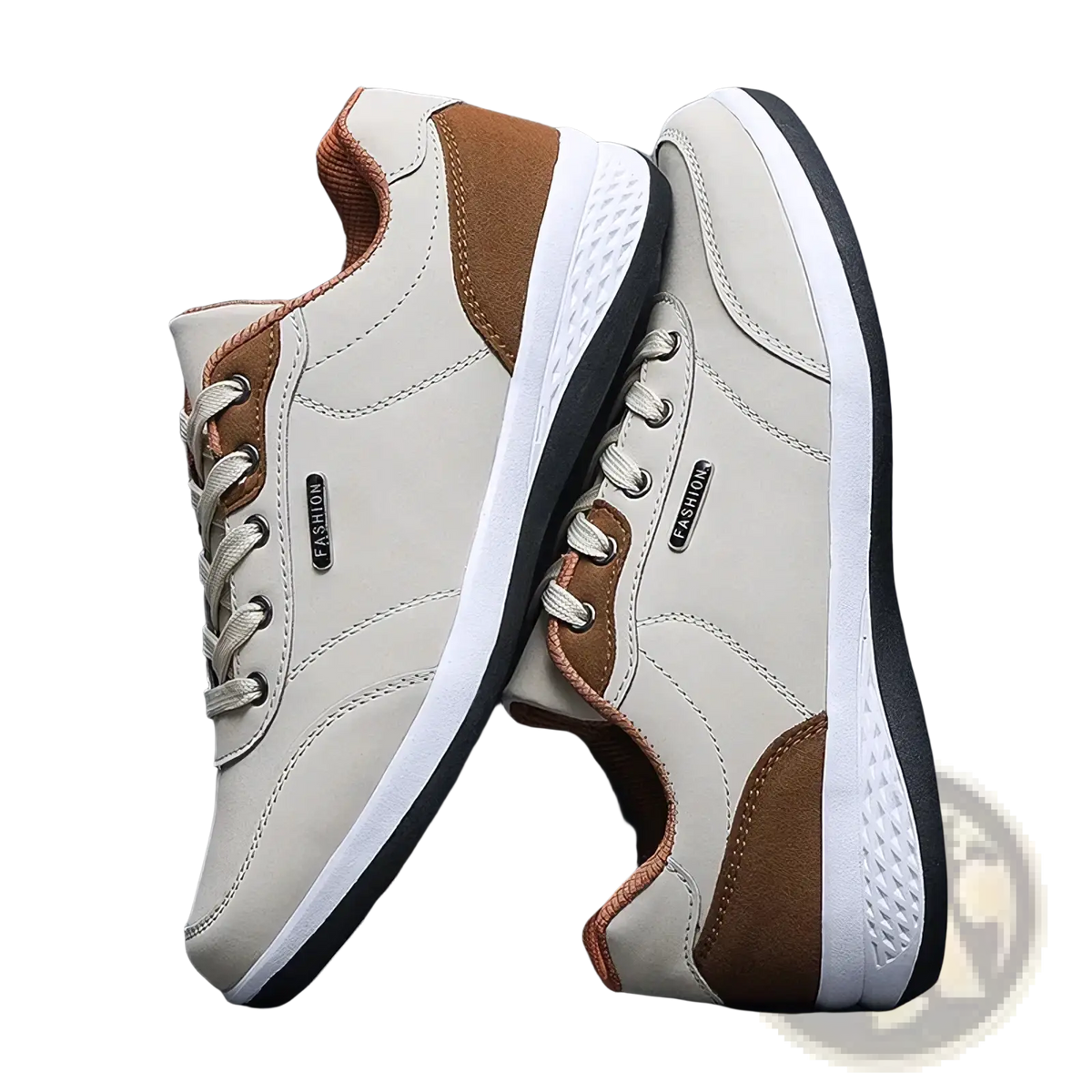 Men leather casual sneakers with beige and brown suede trim white soles and black accents for waterproof walking use