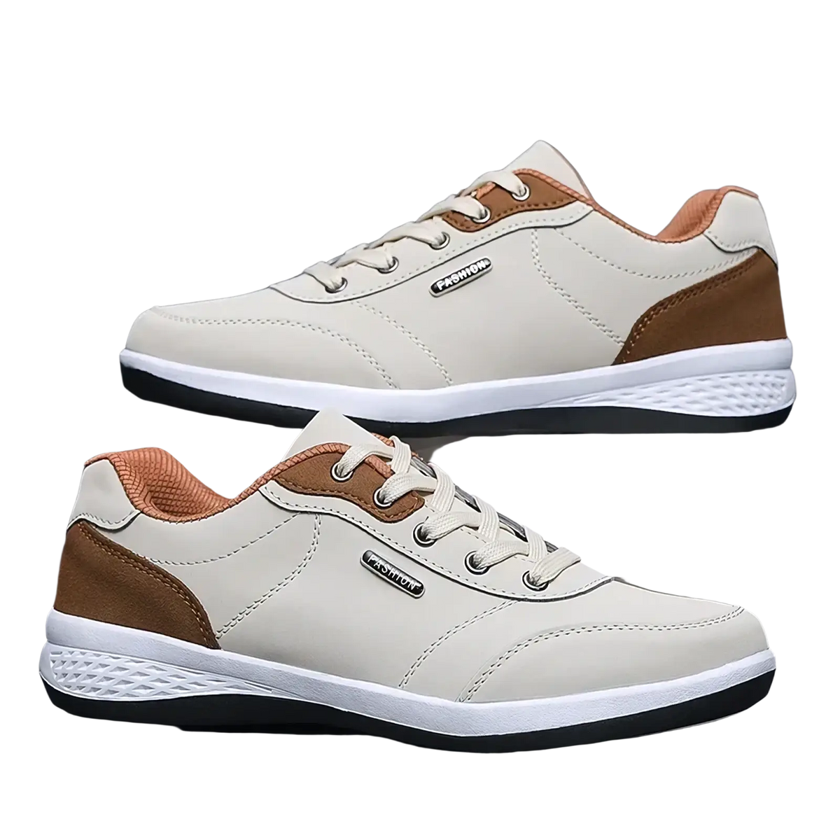 Beige and brown leather men casual sneakers with white soles featuring a sleek modern design for walking