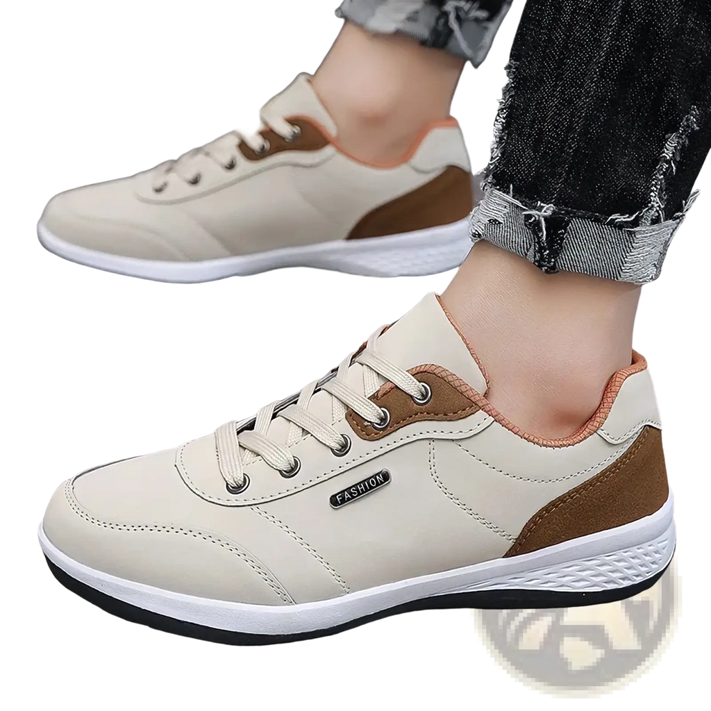 Men leather casual sneakers in beige and brown with white soles featuring a fashion label for waterproof walking